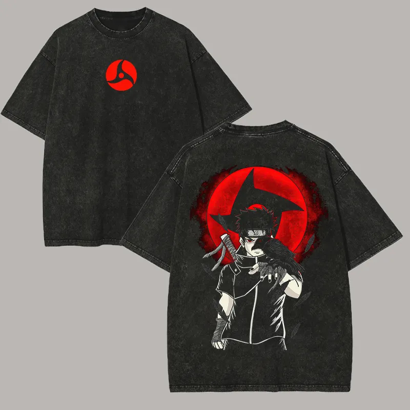 Acid Wash Vintage Graphic T Shirt - 나루토 시스이 우치하 티셔츠, 망게코 센가인,
