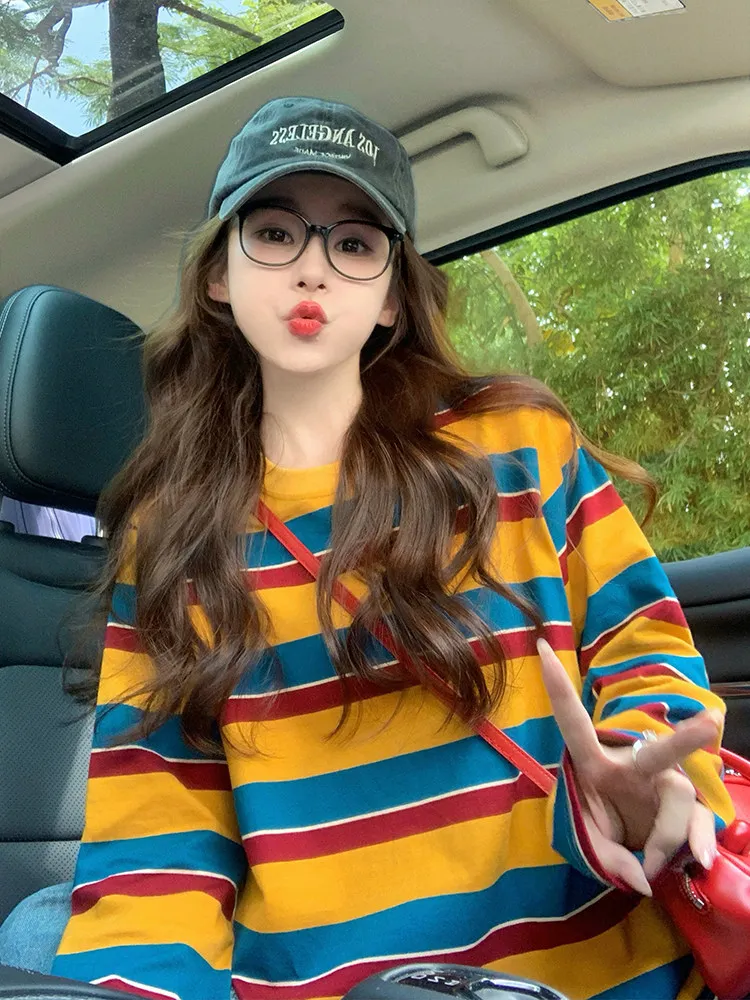 T-Shirts - 여성용 컬러 블록 스트라이프 긴팔 티셔츠,