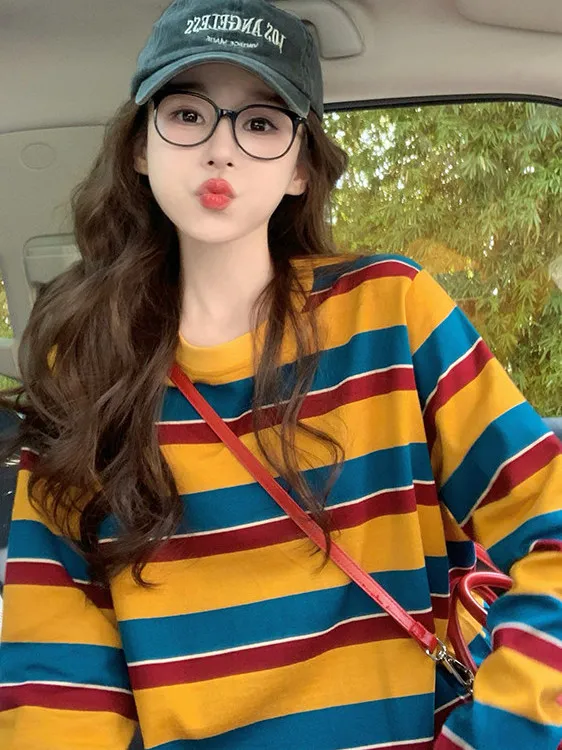 여성용 컬러 블록 스트라이프 긴팔 티셔츠, 둥근 네크라 - T-Shirts 리뷰 및 가격
