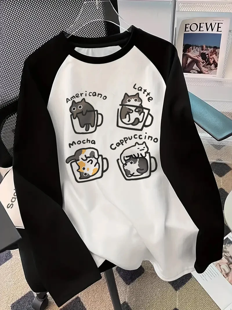 커피 고양이 프린트 긴팔 티셔츠, 재미있는 힙합 스타일 - T-Shirts 리뷰 및 가격